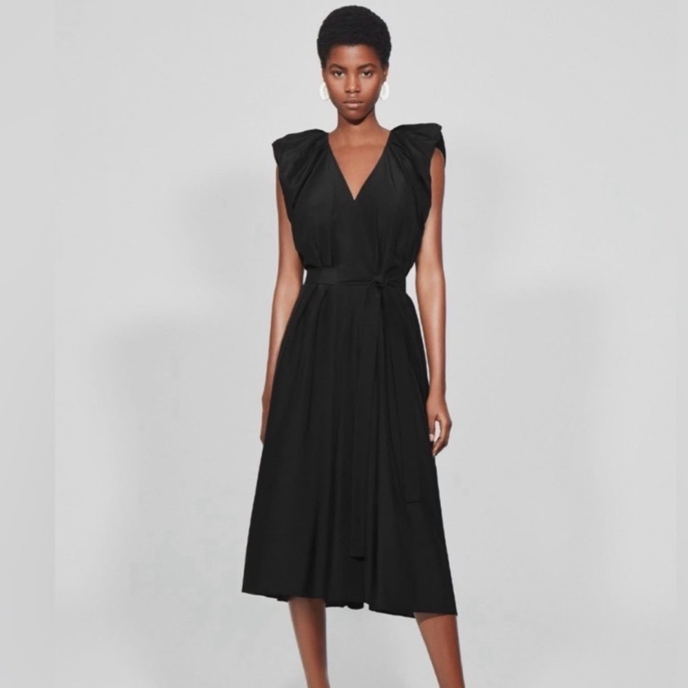 COS Black Silk Cotton Blend Draped V Neck Dress SZ 4‎ Minimalist Contemporary